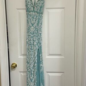 Elegant Teal and White Halter Gown